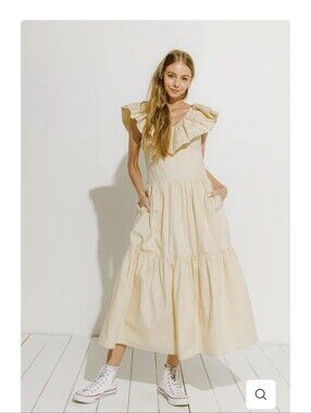English Factory Cream Ruffle-Trim Midi Dress NWT